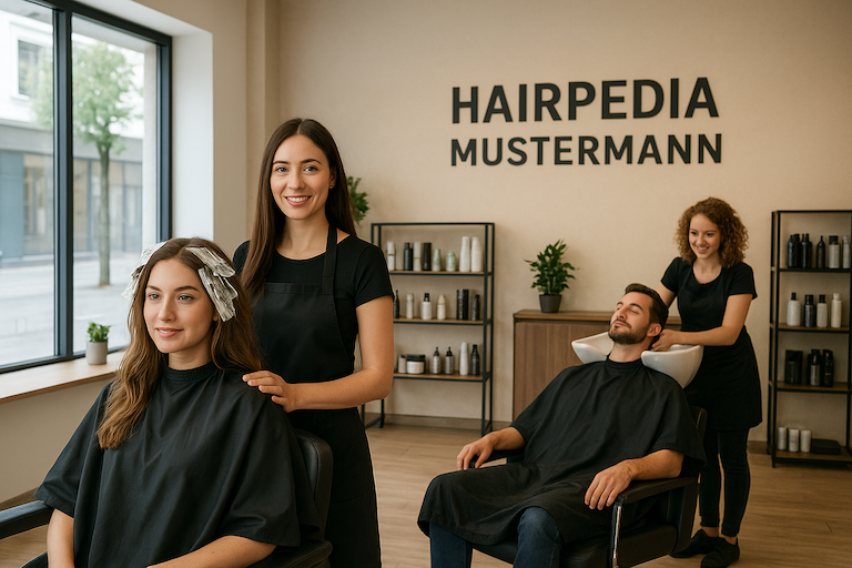 Hairpedia Mustermann - fiktives Beispielfoto eines Friseursalons (mit KI generiert)