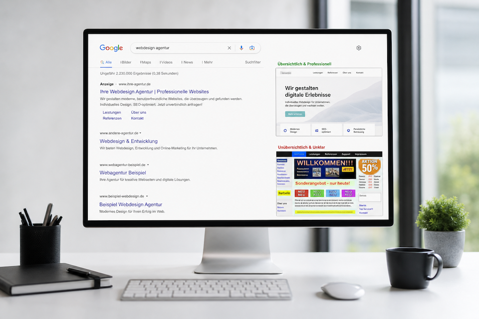 Vergleich strukturierte Google-Rankings vs unübersichtliche, veraltete Websites